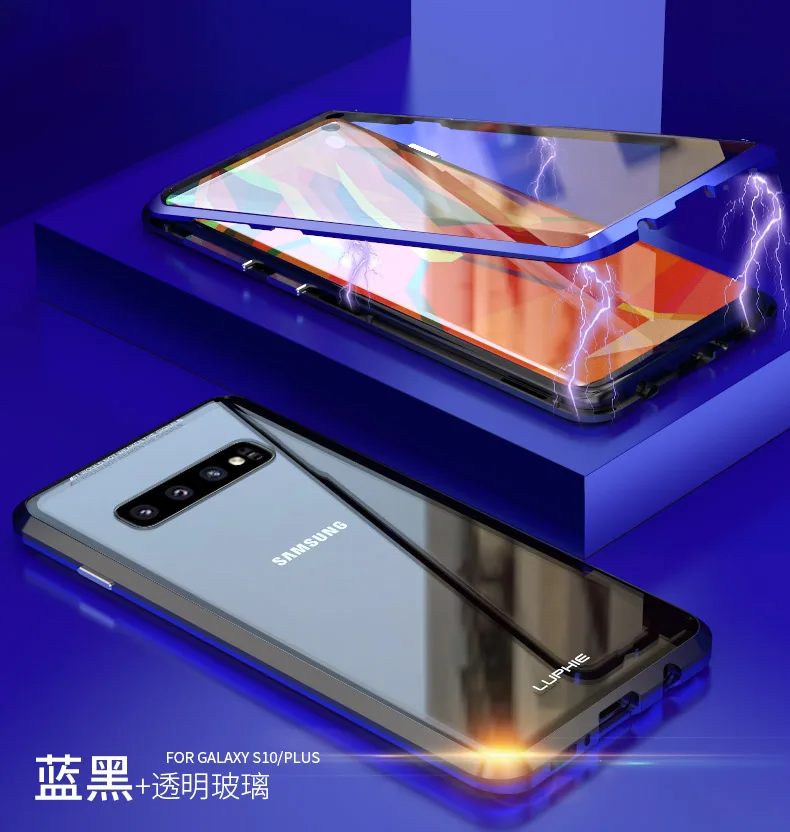 black blue LUPHIE Магнитная Адсорбция металлический корпус для samsung Galaxy S9 S8 плюс S10 Plus закаленное Стекло задний Чехол на магните для Note 8 9 чехлы - Цвет: black blue