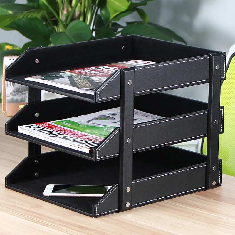Three-layer wooden tabletop storage tray Leather multi-layer data rack