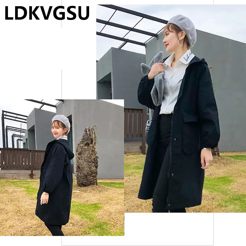 

Caramel Color Long Windbreaker Female 2018 Spring Autumn New Korean Loose Large Size Hooded Zipper Female Trench Coat Is934