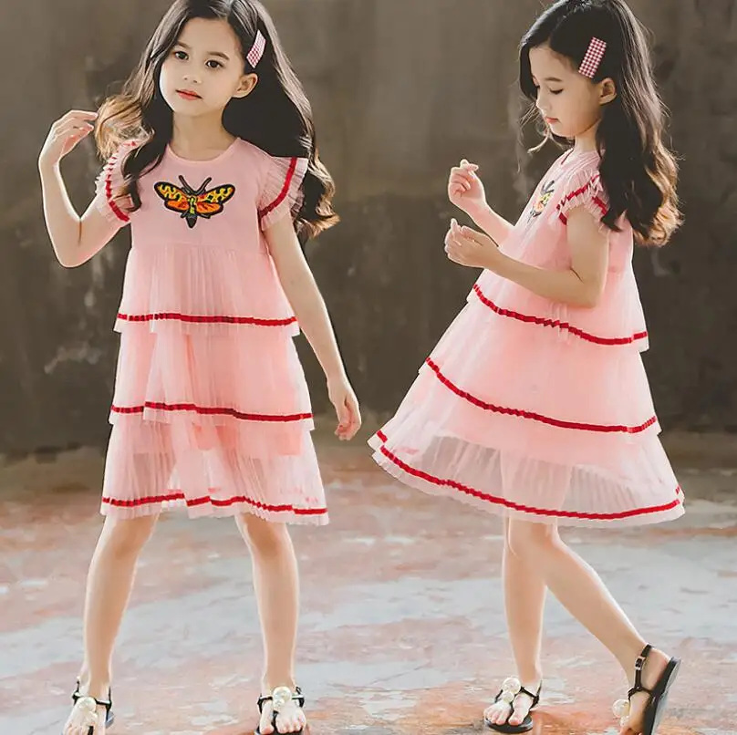 New Retail 2019 Summer Children Girls Butterfly Embroidery Pleats Cake Dresses Kids Fashion Boutique Pink Dress Free Shipping | Детская