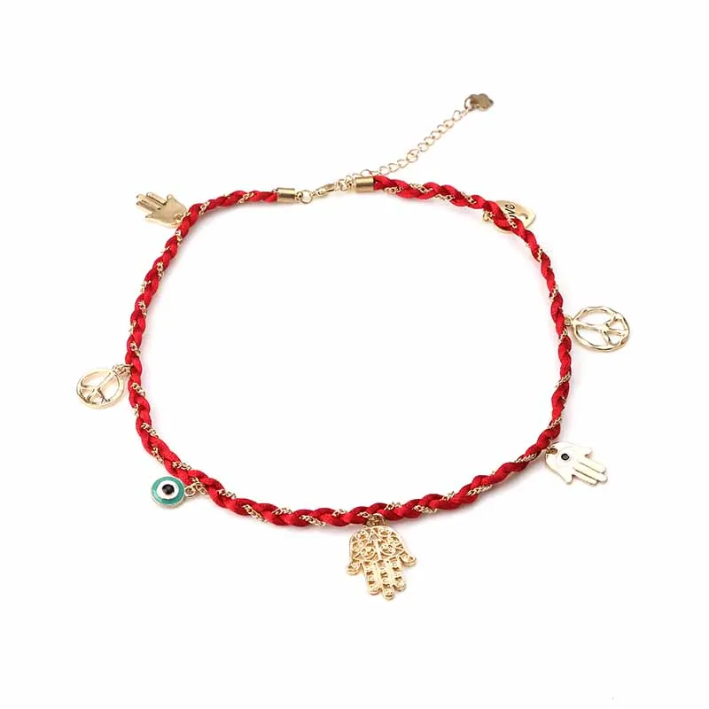 Женский браслет с подвесками Lucky Eye Hamsa черный красный нитью и кисточками модные