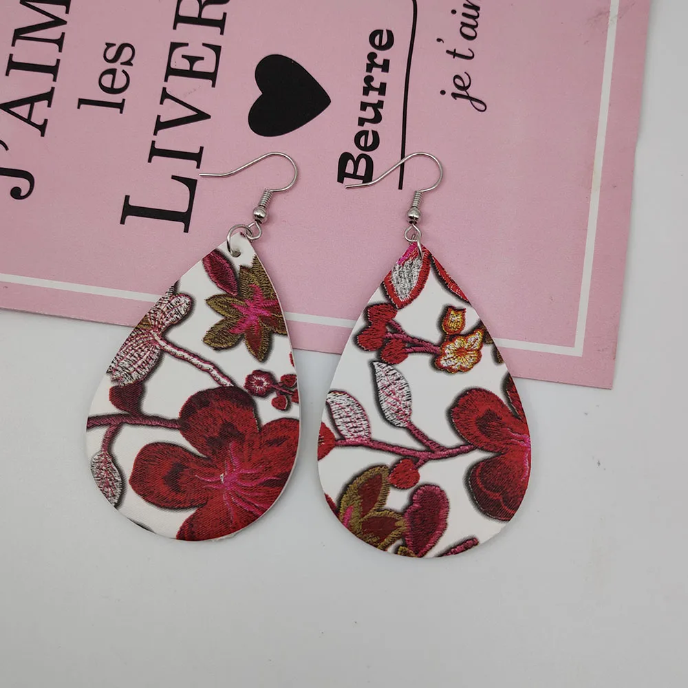 white red Новые серьги-капли, 5 цветов, вышитые кожаные серьги, простые серьги с цветочной вышивкой для женщин, ювелирные серьги - Окраска металла: white red
