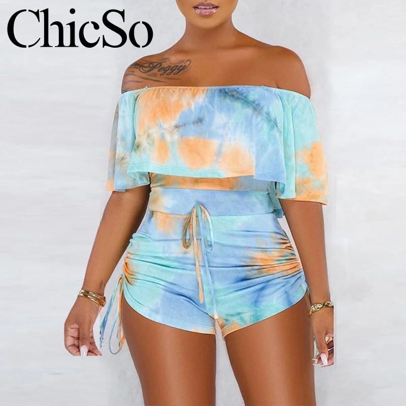 MissyChilli Tie dye pleated short jumpsuit women Bodycon elegant off shoulder romper summer Autumn sexy club streetwear playsuit |