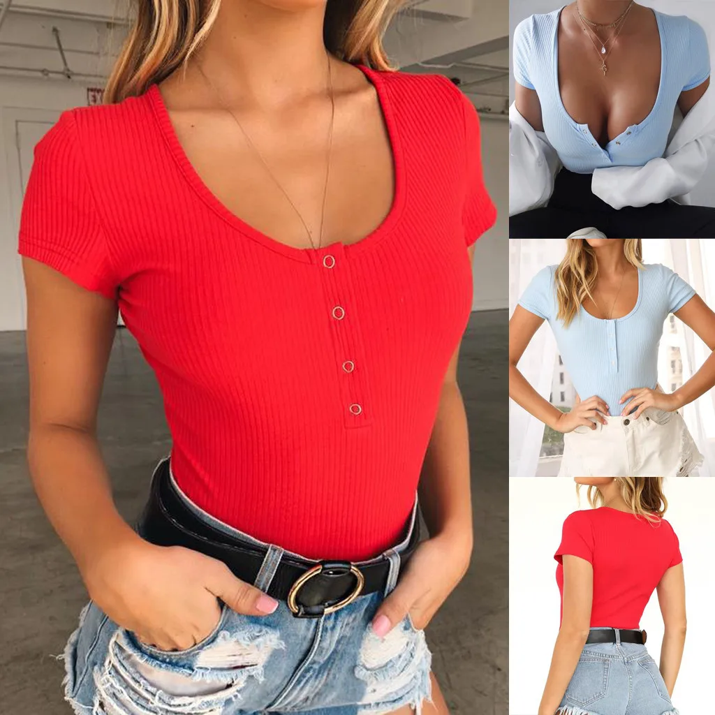Womail Fashion сексуальное боди для Для женщин комбинезон, одноцветная, крыглый ворот, короткий рукав грудь пуговицами эластичные Повседневное комбинезоны Jun08