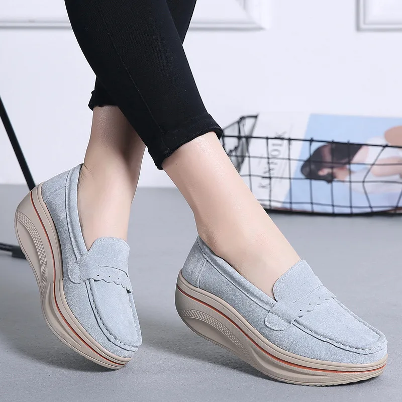 3038 Gray PINSEN/ весенняя женская обувь на плоской подошве; кроссовки на платформе; женская повседневная обувь из кожи и замши; слипоны на плоской подошве; криперы; Мокасины - Цвет: 3038 Gray