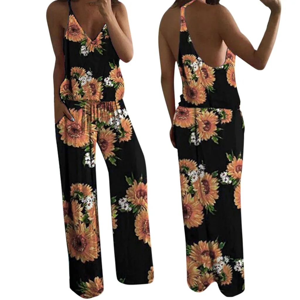 Летний женский комбинезон на бретелях с цветочным принтом майка без рукавов v