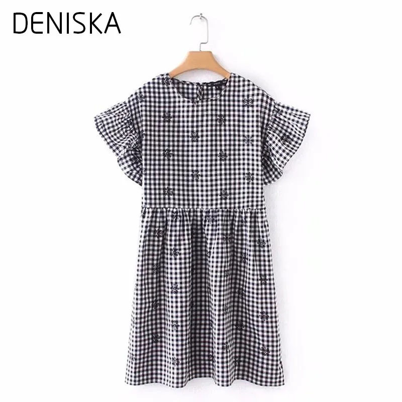 DENISKA 2018 Летнее Платье Женщины Цветочные Вышивка Старинные Плед Леди О Шеи Бабочка