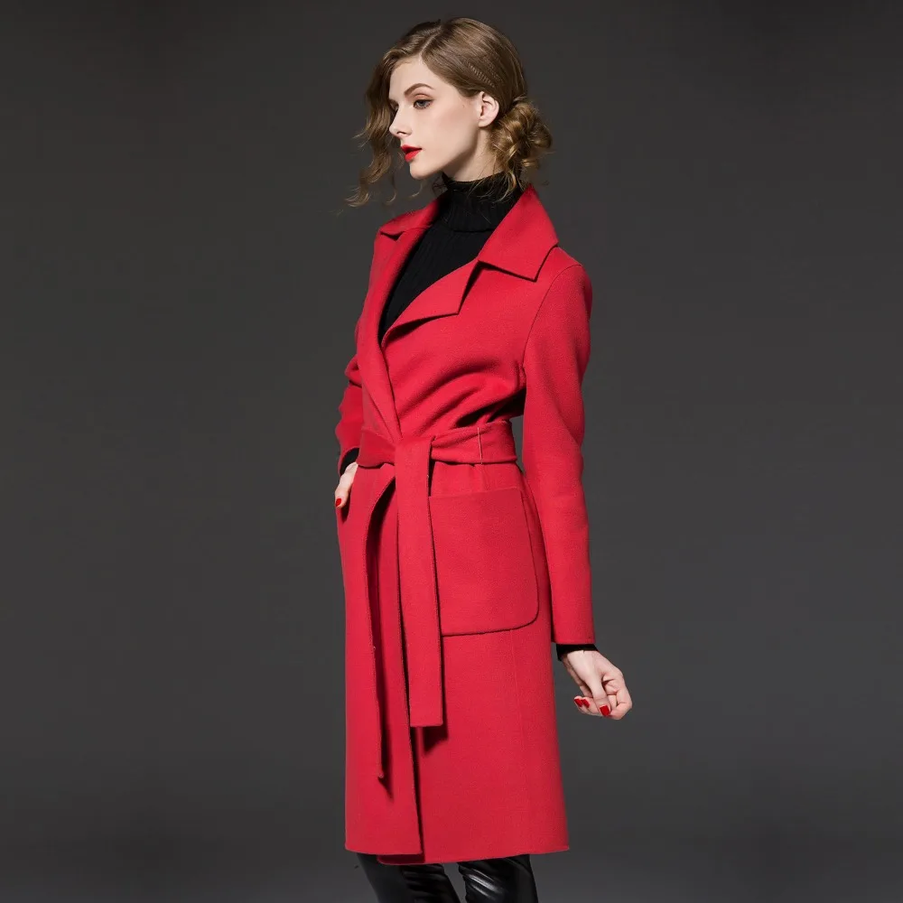 Женское шерстяное пальто красного цвета однотонное деловое с регулируемой