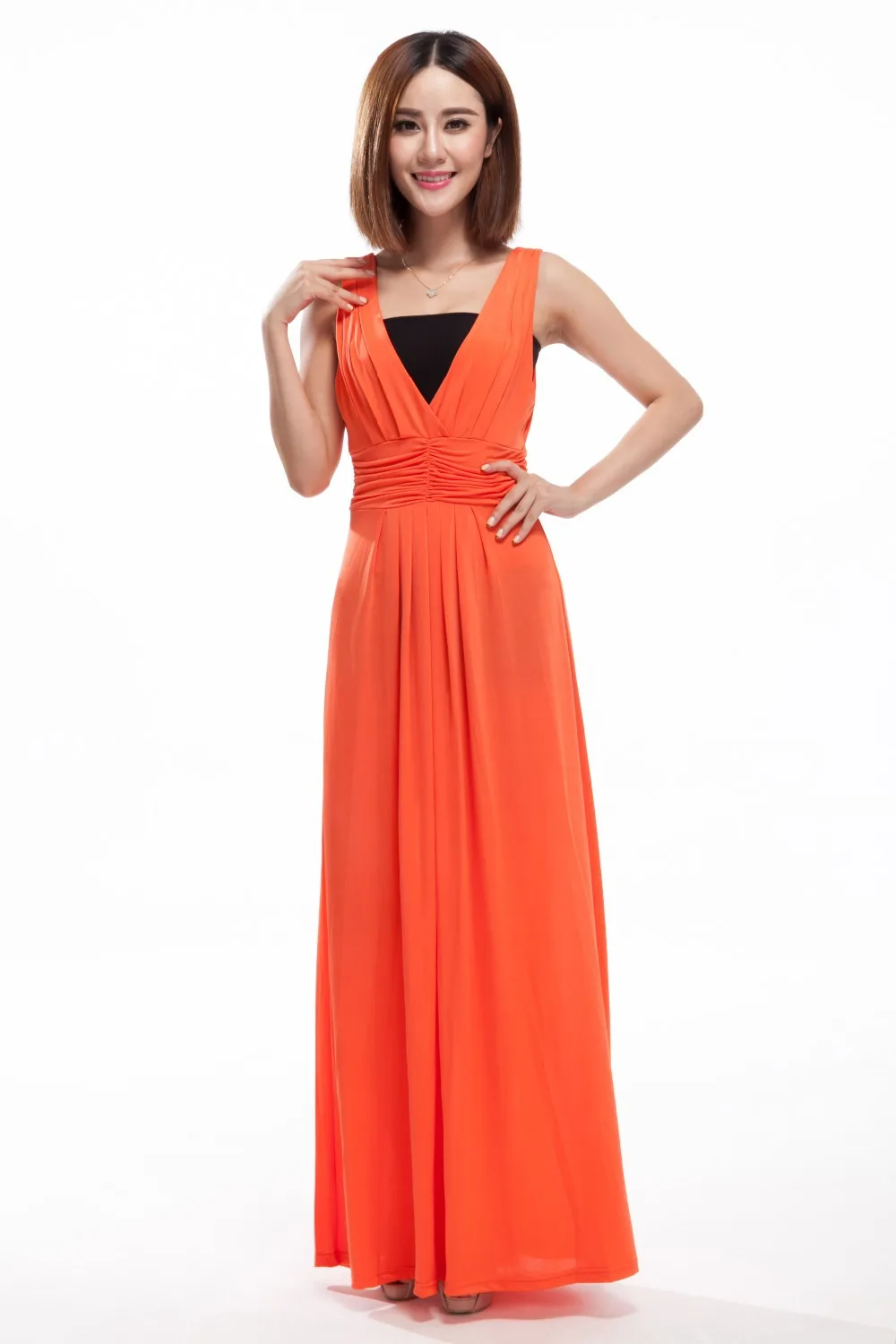 Женское длинное платье с V образным вырезом оранжевое синее черное большого