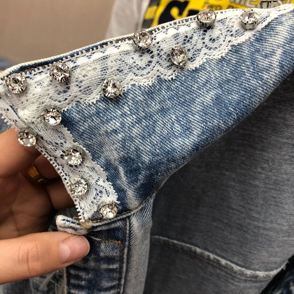 Thailand brand fashion women lace feather sequins beaded hole loose sleeveless denim vest female spring jeans jacket | Женская одежда