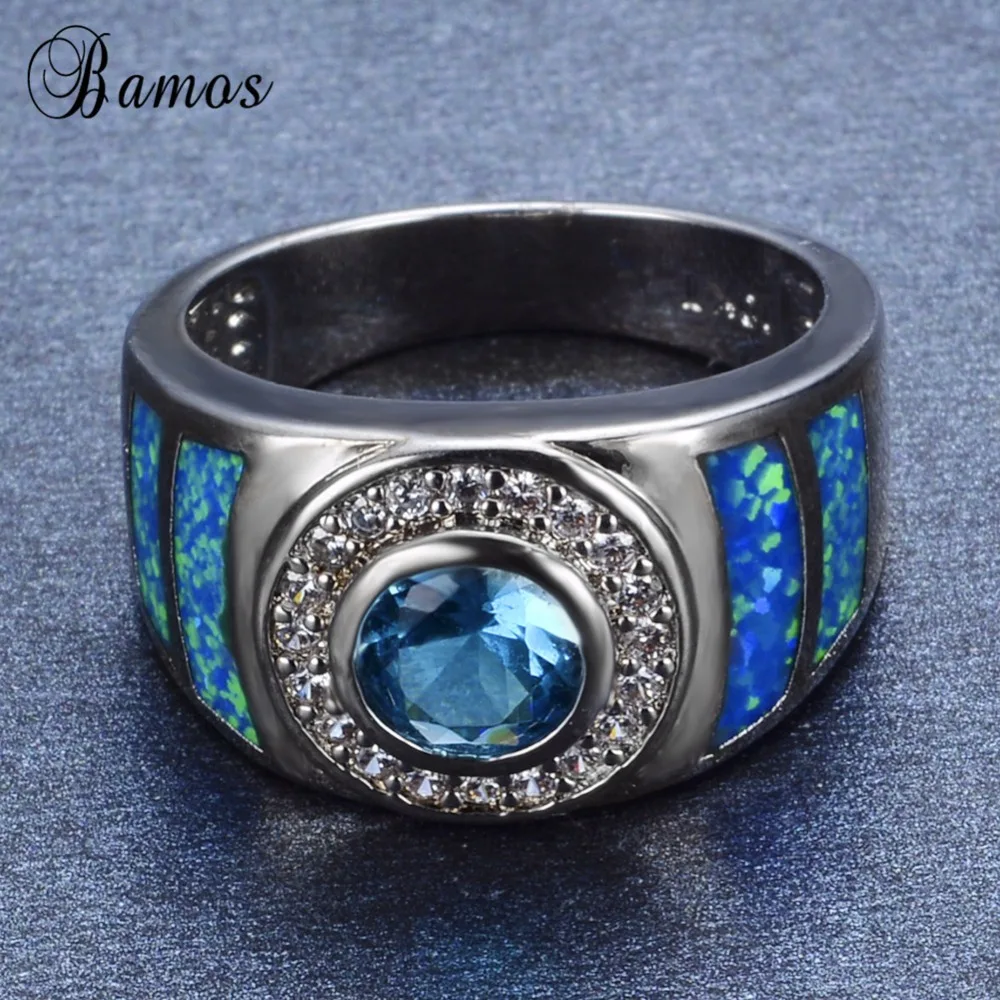 Bamos Vintage White Gold Filled Geometric Ring Luxury Blue Fire Opal Cocktail Crystal Jewelry Wedding Bands For Couples | Украшения и