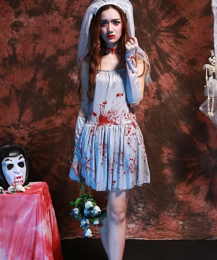Новый страшный костюм кровавый труп Невеста Мэри белый для косплея платье