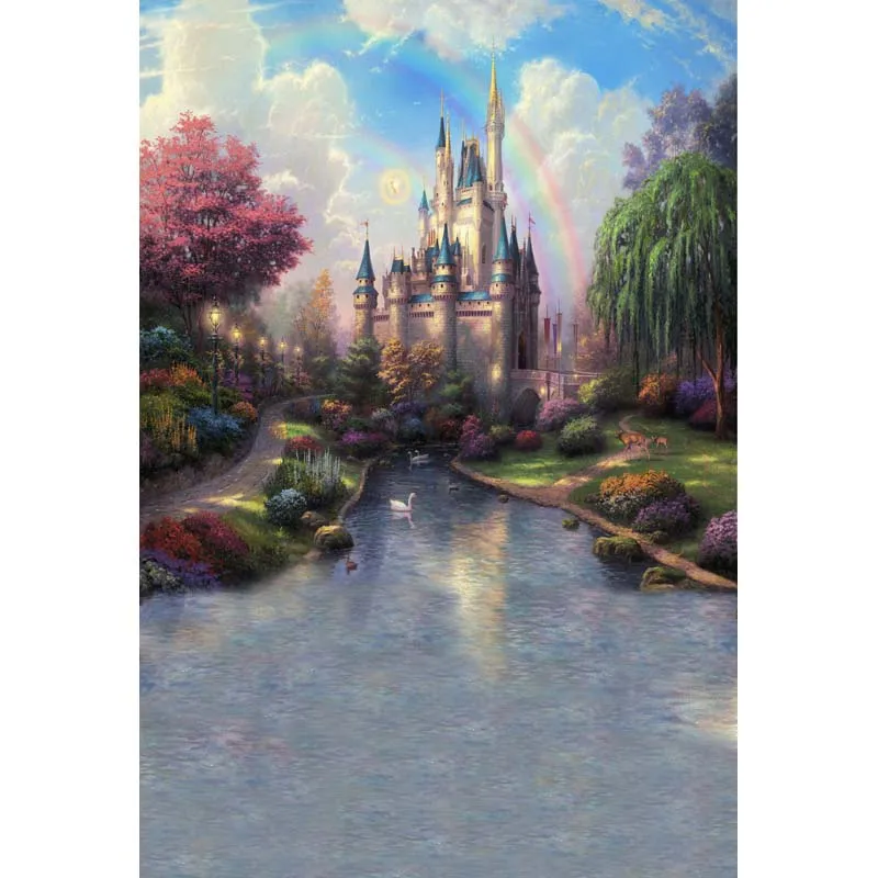 

TR виниловый сказочный замок свадебный фон фиолетовый фон для фотосъемки Радуга река фиолетовые цветы фоны для фотосъемки