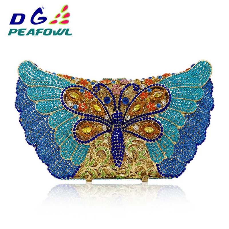 Blue Diamond Crystal Butterfly Handbags Gift Clear Clutch Toiletry Bag For Women Evening Package Luxury Wallet Party Day Bags