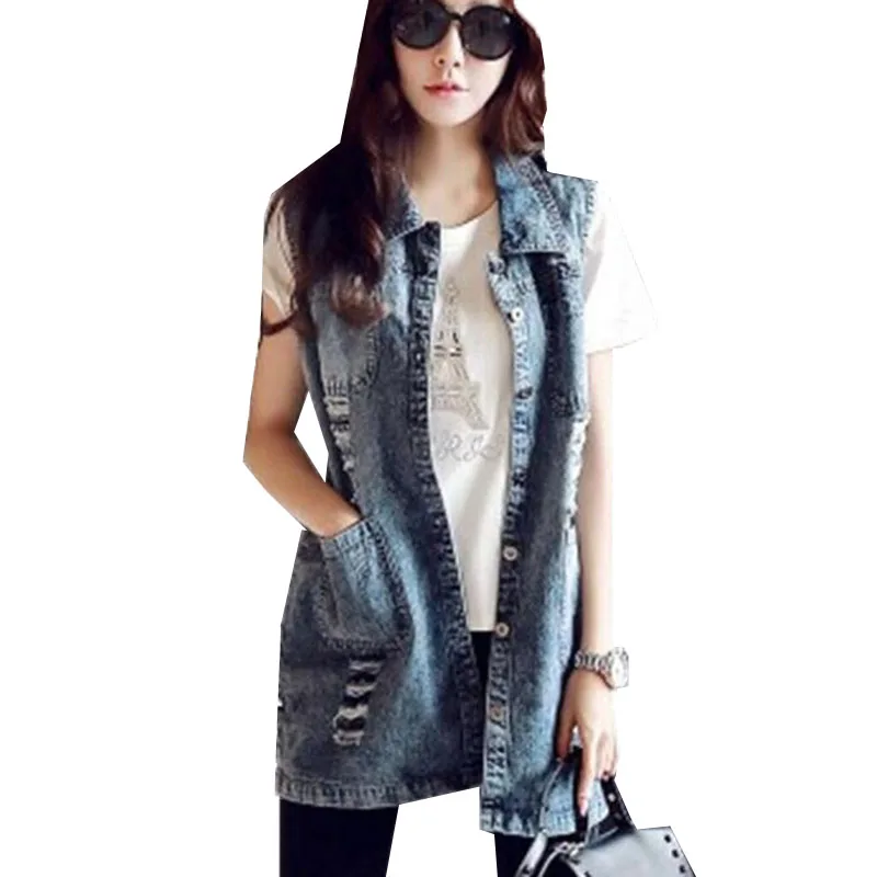 Новинка 2017 Весенняя стильная женская джинсовая жилетка большого размера средней