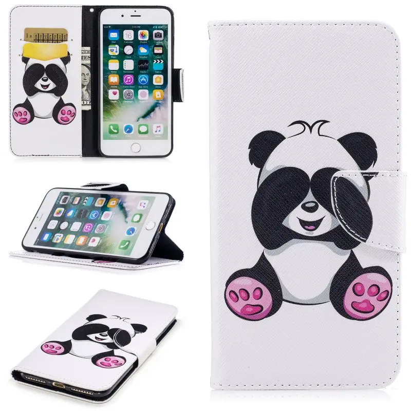 Leather Phone Cases for iPhone 7 7Plus Wallet Cover Cute Animals Owl Panda Ass Bamboo Flower Case Etui iPhone7 Plus Hoesjes | Мобильные