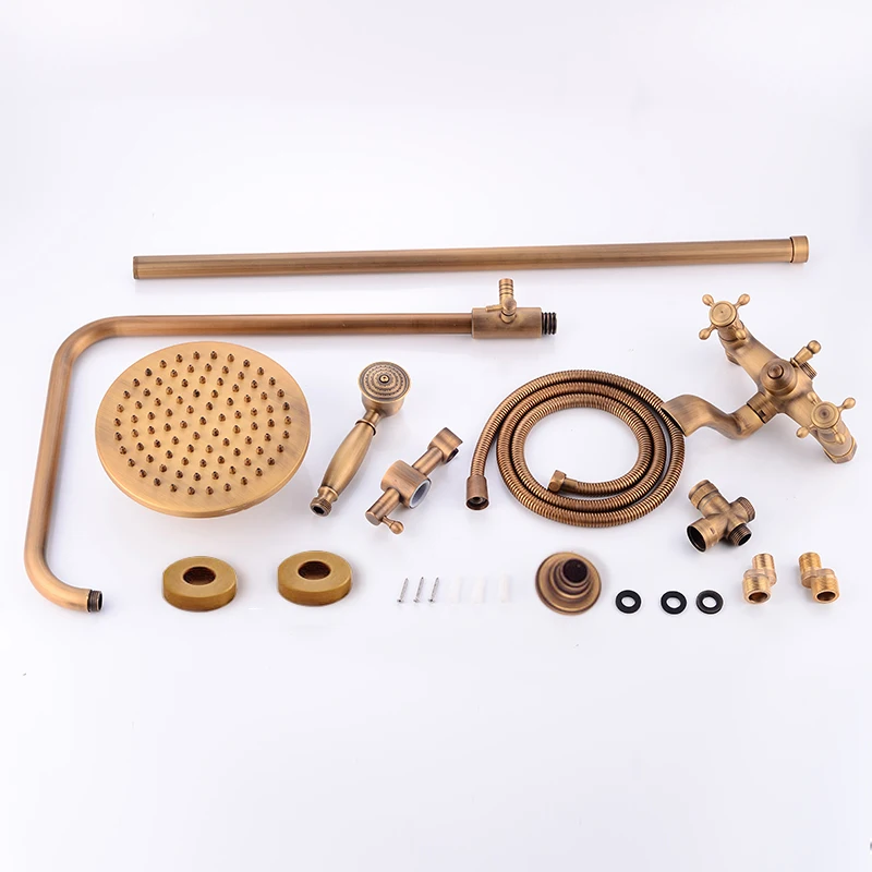 

Antique Brass Wall Mount Shower Set Faucet Single Handle included Hand shower with Shelf Bathroom Shower Mixer Tap