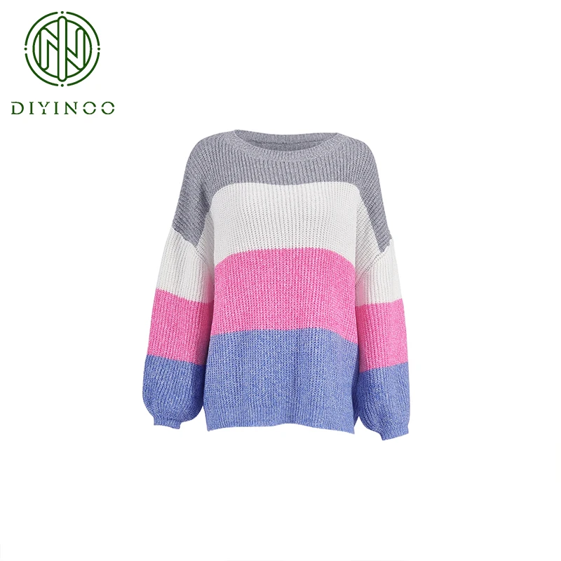 DIYINOO 2018 Autumn Winter Colorful Patchwork Long Lantern Sleeve O-Neck Knitted Pullovers OL Sweater S/M/L/XL Women's Sweaters | Женская