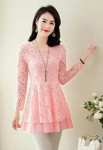 pink Кружевные блузки рубашки Женская мода тонкая талия Живот Туника Топы красный розовый зеленый черный кружево крючком выдалбливают баски Топ 3XL - Цвет: pink