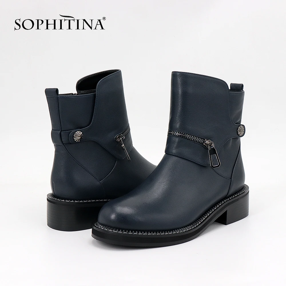 SOPHITINA/Ботинки женские на осень и зима. Темно синие ботильоны из коровьей кожи с