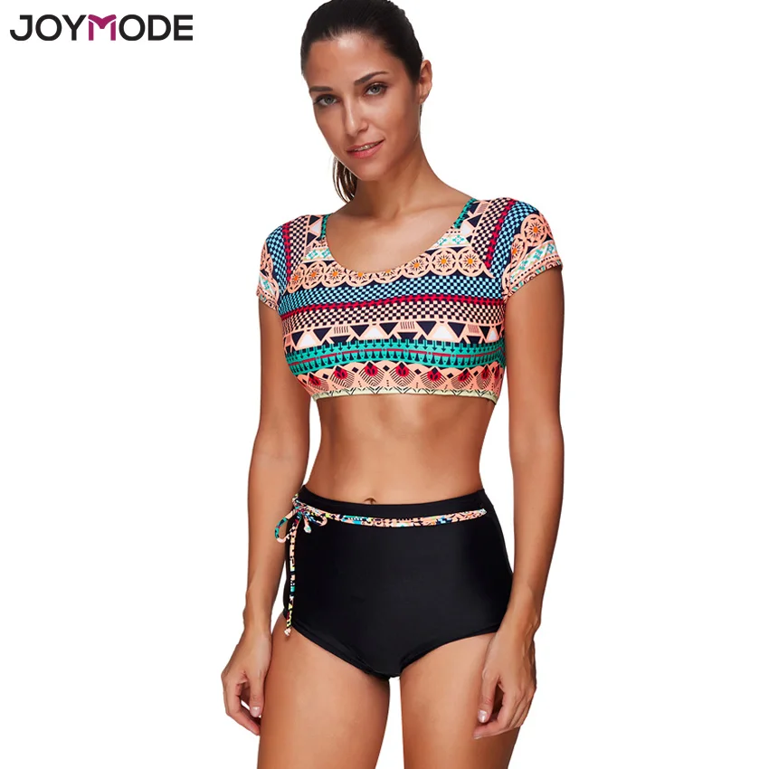 JOYMODE Для женщин купальник с коротким рукавом комплект бикини Высокая Талия