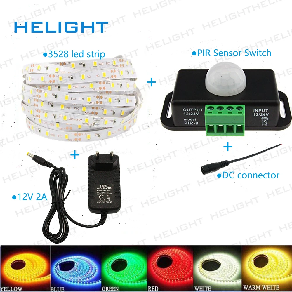DC12V 3528 LED strip light 5M 300LED single color IP65&ampIP20 Flexible Strip Festival light+PIR Sensor switch+Power | Освещение
