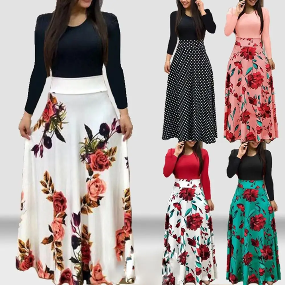 

Vintage maxi dress Boho Dress Women Dot Print Color Matching Long Sleeve High Waist Women Maxi Dress Party Beach Summer Dress