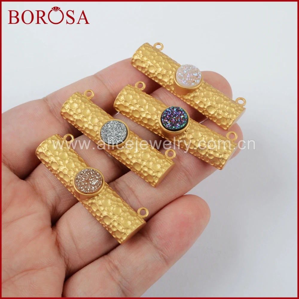 BOROSA 10PCS Rectangle Plating Color Druzy Connectors with Round Natural Agates Titanium Rainbow Pendant for DIY Necklace ZG0203 | Украшения
