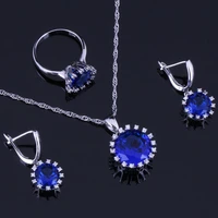 unusual round blue cubic zirconia white cz silver plated jewelry sets earrings pendant chain ring v0279