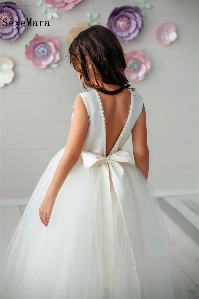 Белое Тюлевое платье для первого причастия с жемчугом девочек бальное круглым