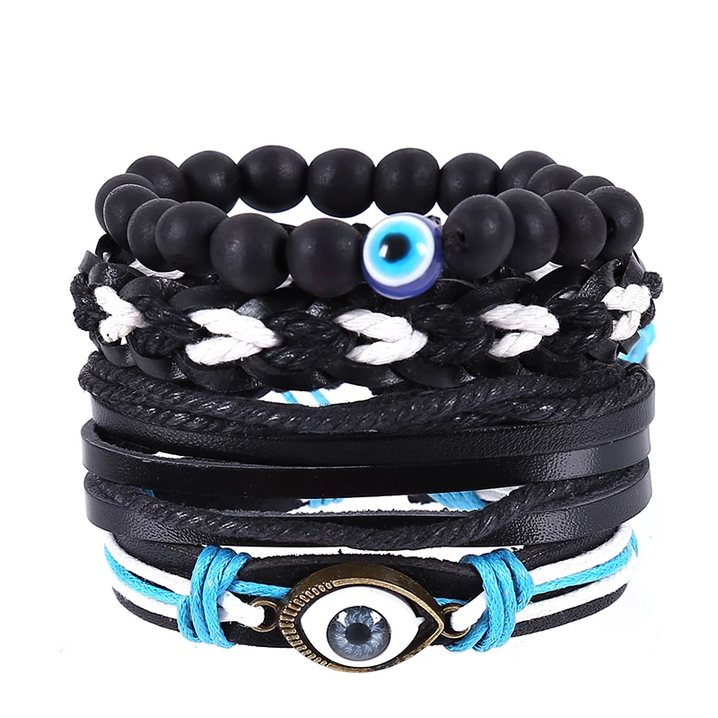 Винтажный Шарм браслет EvilEye для мужчин 4 шт./компл. Многослойные Кожаные плетеные
