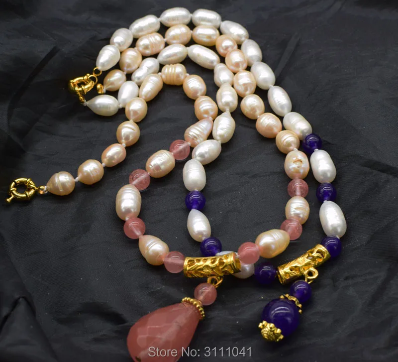 

Пресноводный жемчуг белый/розовый рис и арбуз кварцевое ожерелье 18 дюймов оптовая продажа бусины природа FPPJ подарок для женщины Рождествен...