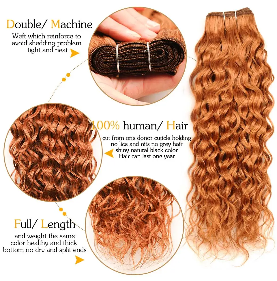 Pinshair индийские волосы, волна воды, 3 пучка с закрытием, медовый блонд, 30 нереми, человеческие волосы и кружева, 10-26 дюймов, толстые волосы