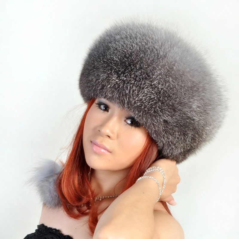 Real fur hats of genuine fox fur Fashion warm women's  hat with natural fur ball pompom Gray genuine sheepskin leather hats H146