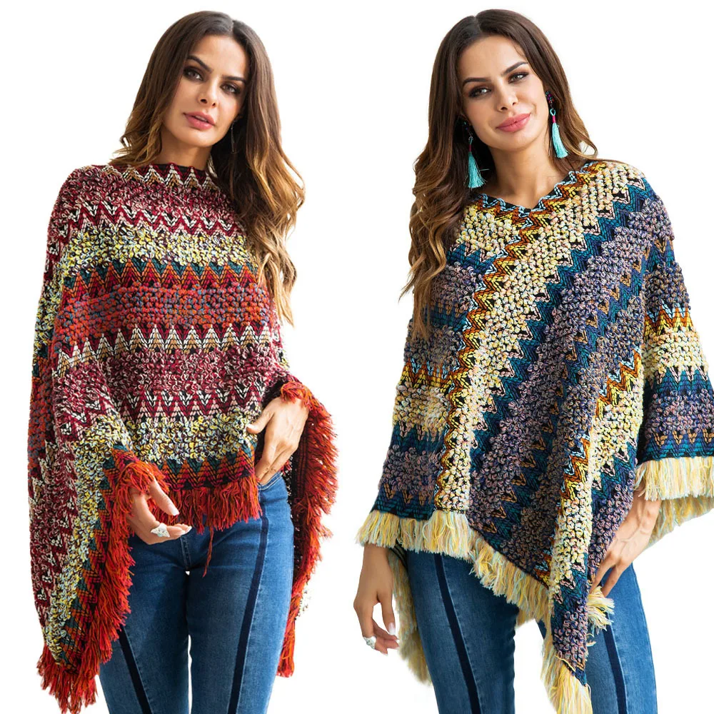 

BONJEAN Knitted Cloak for Women 2018 Autumn Tops and Pullovers Batwing Sleeve Striped Sweaters Tassel Decoration Cloak BJ320