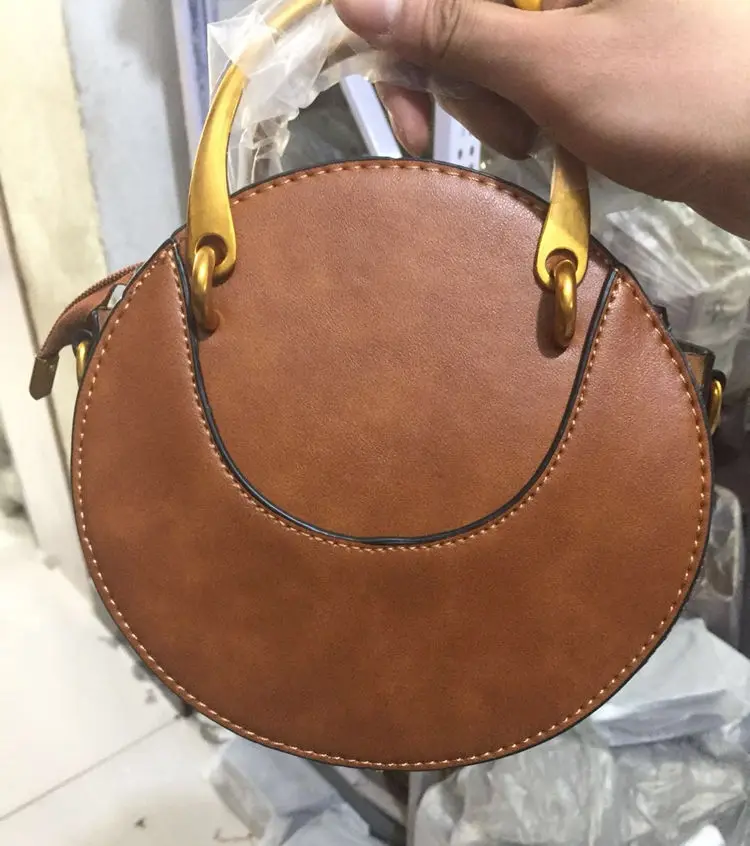 

New Fashion Circular Handbag Women Scrub Calfskin PU Leather Retro Metal Ring Handbags Small Totes Round Shoulder bag Ladies