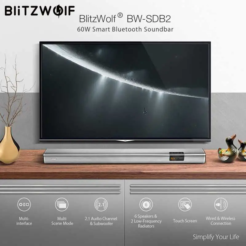 BlitzWolf 60 Вт звуковая панель Smart Soundbar 2 1 аудио канал и сабвуфер 6 динамиков