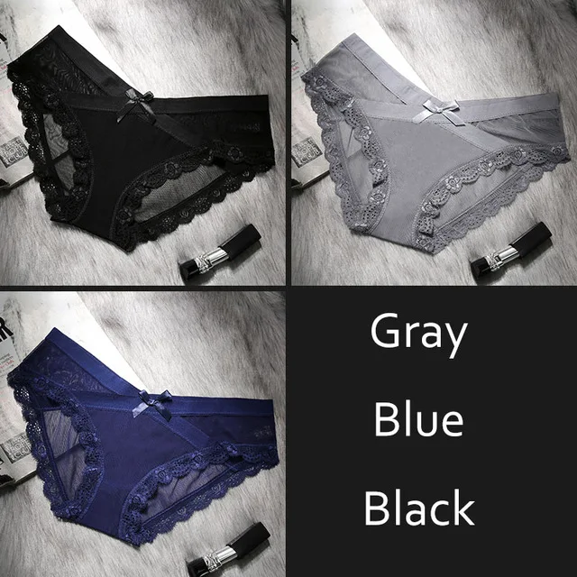 Black Grey Blue DULASI, сексуальные кружевные прозрачные сетчатые трусики, женские, дышащие, низкая талия, нижнее белье, милый бант, бесшовные трусы, нижнее белье - Цвет: Black Grey Blue