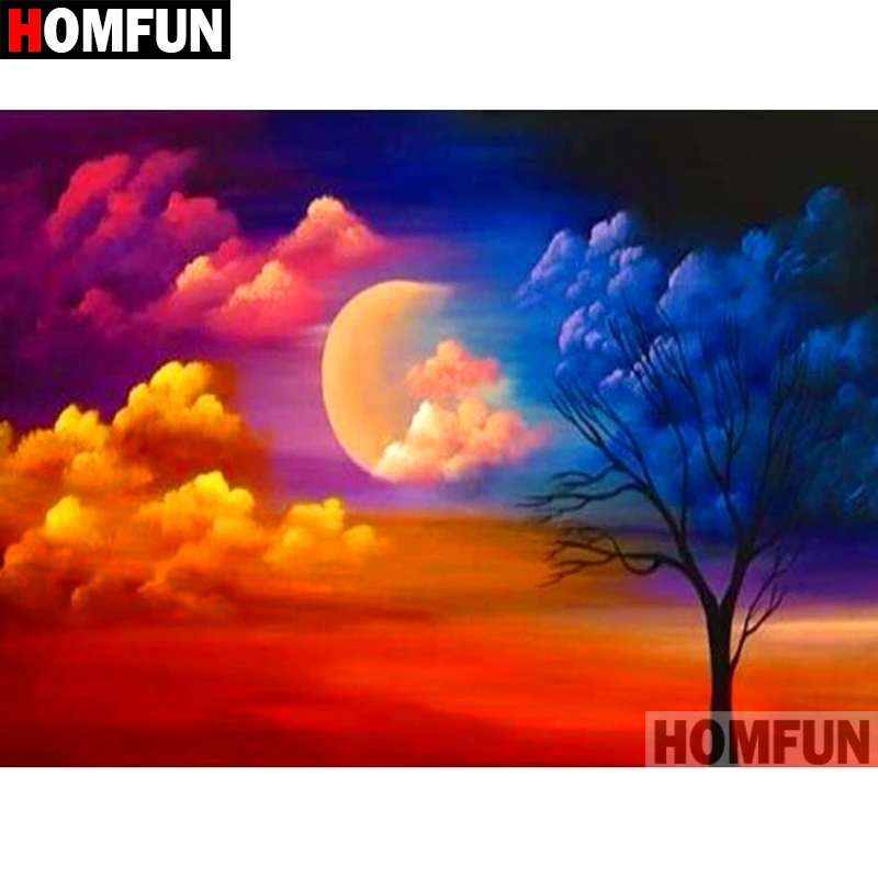 Алмазная 5D картина HOMFUN «сделай сам», полноразмерная/круглая вышивка крестиком «дерево и Луна», подарок для домашнего декора, A10031