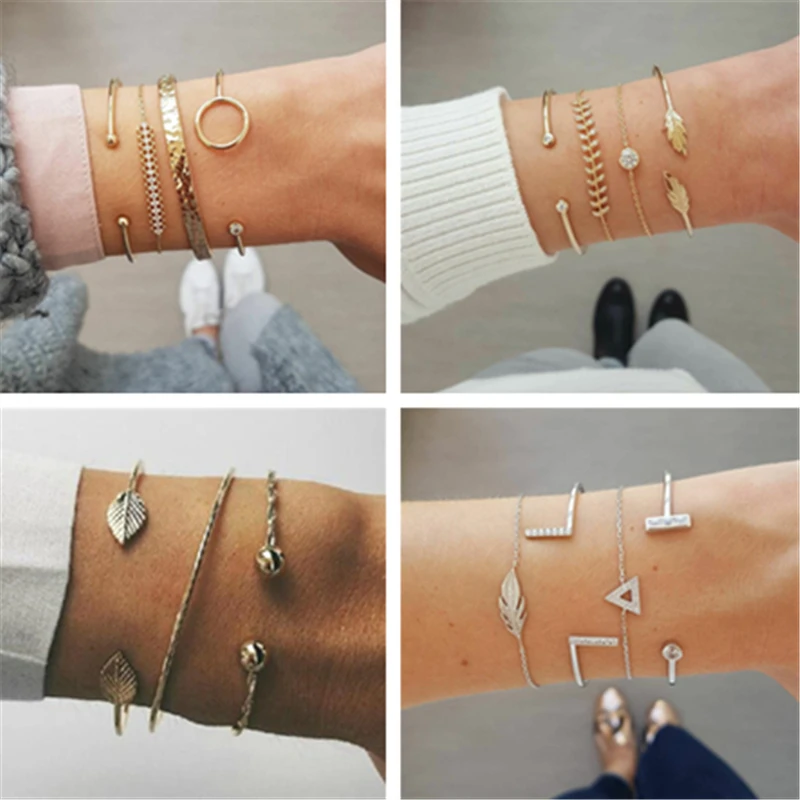 Adolph 5Pcs/Set Fashion Punk Gold Chain Moon Leaf Crystal Geometry Open Bracelet Set Women Charm Beach Jewelry A Direct Sale