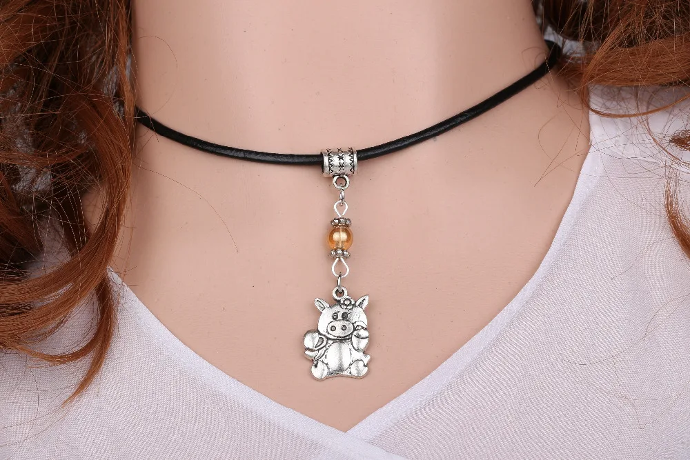 Винтажное серебряное ожерелье из коровьей кожи кулон стеклянного бисера