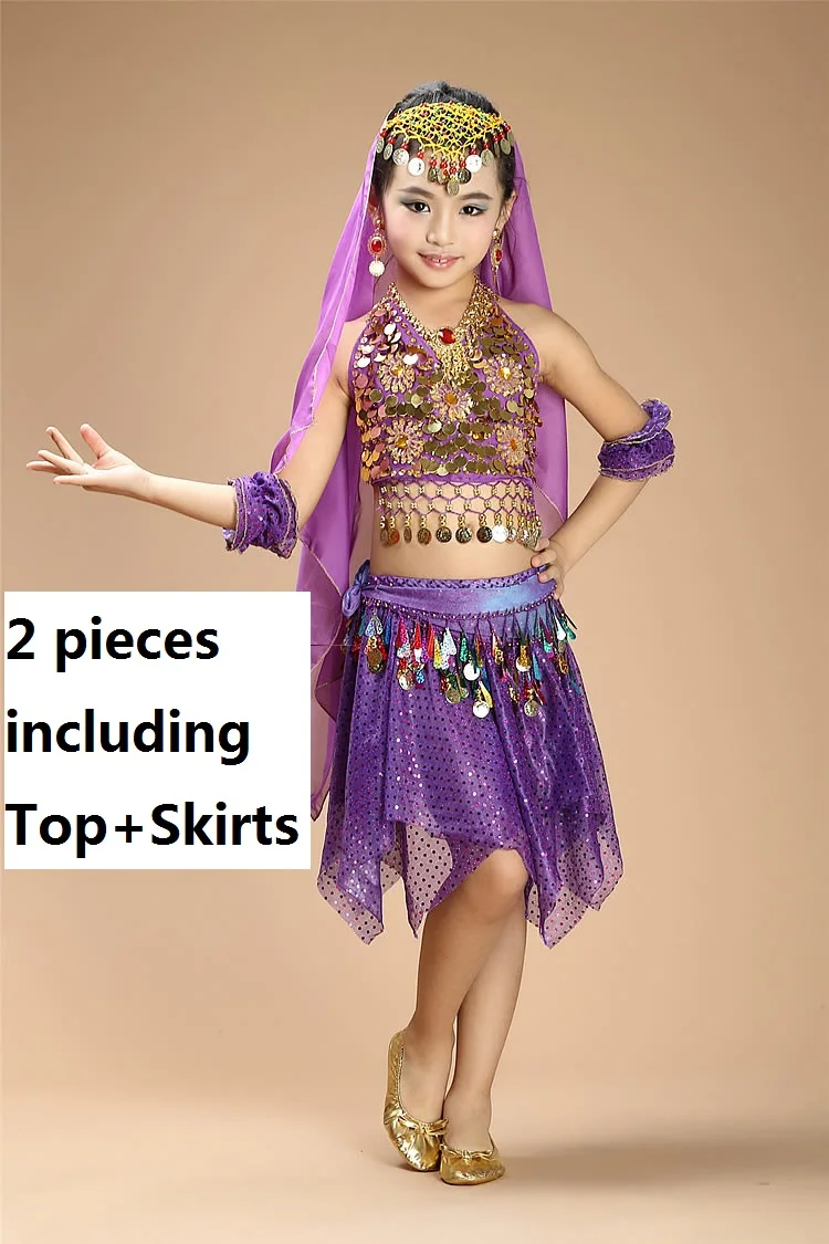 purple2pcs Детское платье для танца живота для девочек, платья, штаны, топ для танца живота и штаны, костюм, комплект для девочек, индийская болливудская одежда - Цвет: purple2pcs