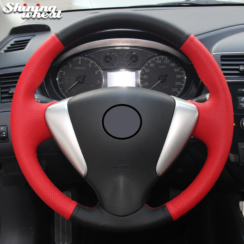 

BANNIS Genuine Black Red Leather Car Steering Wheel Cover for Nissan Tiida Sylphy Sentra Versa Note 2014-2017