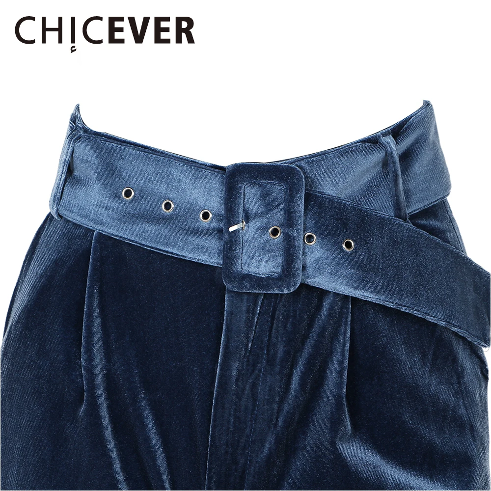 [Chicever] осень-зима Для женщин бархат Высокая Талия Широкие брюки с поясом женские свободные длинные Мотобрюки Повседневная одежда мода
