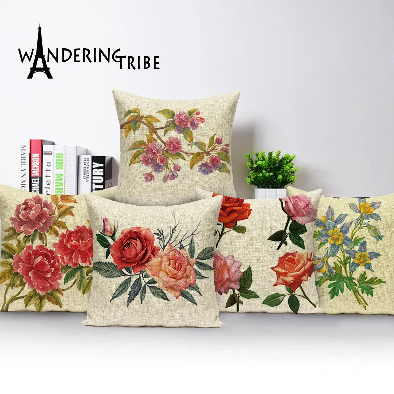 

Vintage Flower Pillow Pillows Home Decoration Plant Cushion Covers Flax Throw Pillow Covers Custom Living Room Cushions 45*45