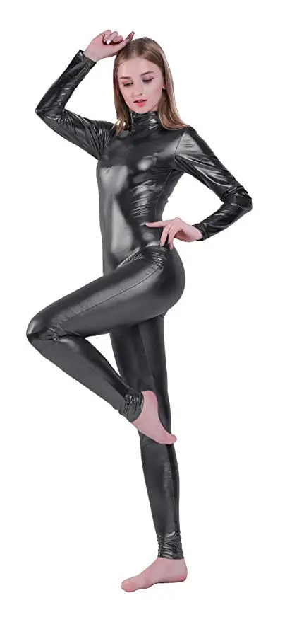 Черный AOYLISEY Women Shiny Metallic Unitard Long Sleeve Mock Neck Ballet Jumpsuits One Piece Turtleneck Dance wear Men Zentai Costumes - Цвет: Черный