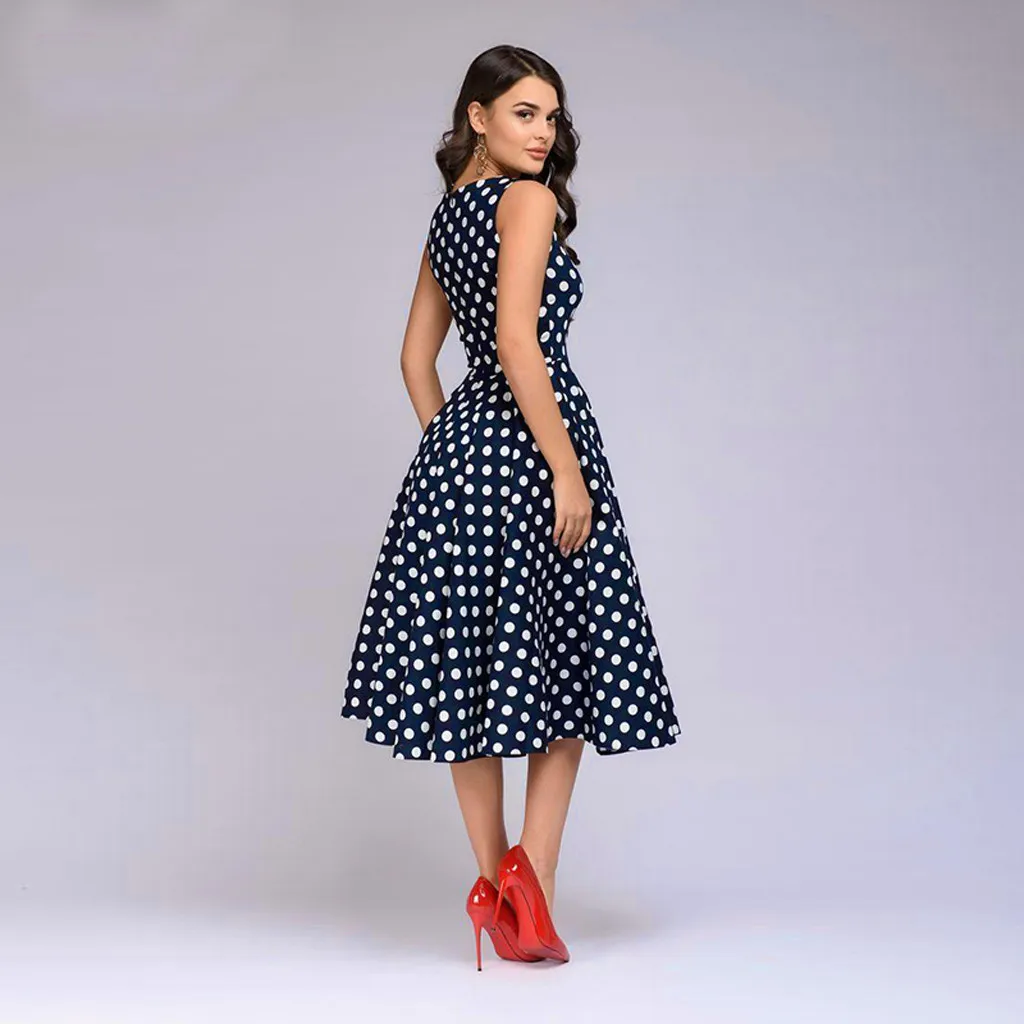 Knee Length cover dress summer women beach Dot Print black Sleeveless vintage Zip Flare Retro sukienka vestidos#G7|Женские платья| |