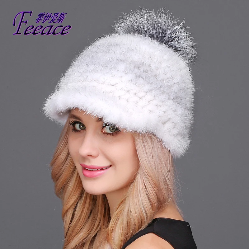 FEEACE Visors теплая зимняя шапка Серебряная лиса фу Норковая кепка норковая модные