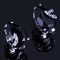 fantastic pear black cubic zirconia white cz silver plated clip hoop huggie earrings v0929