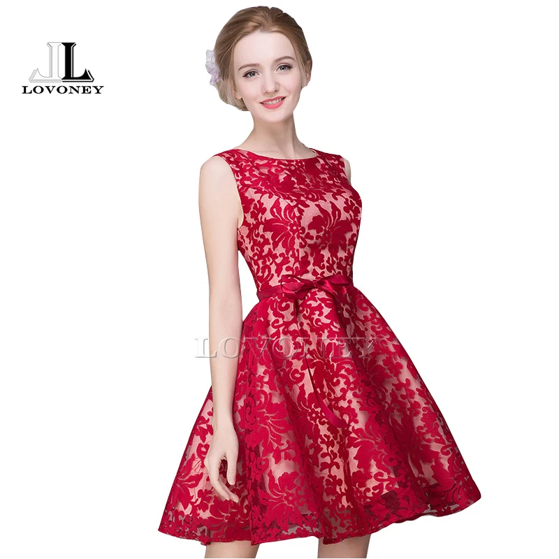 LOVONEY M204 Короткие Платья Выпускного Вечера Line O Шеи Красный кружева Формальное
